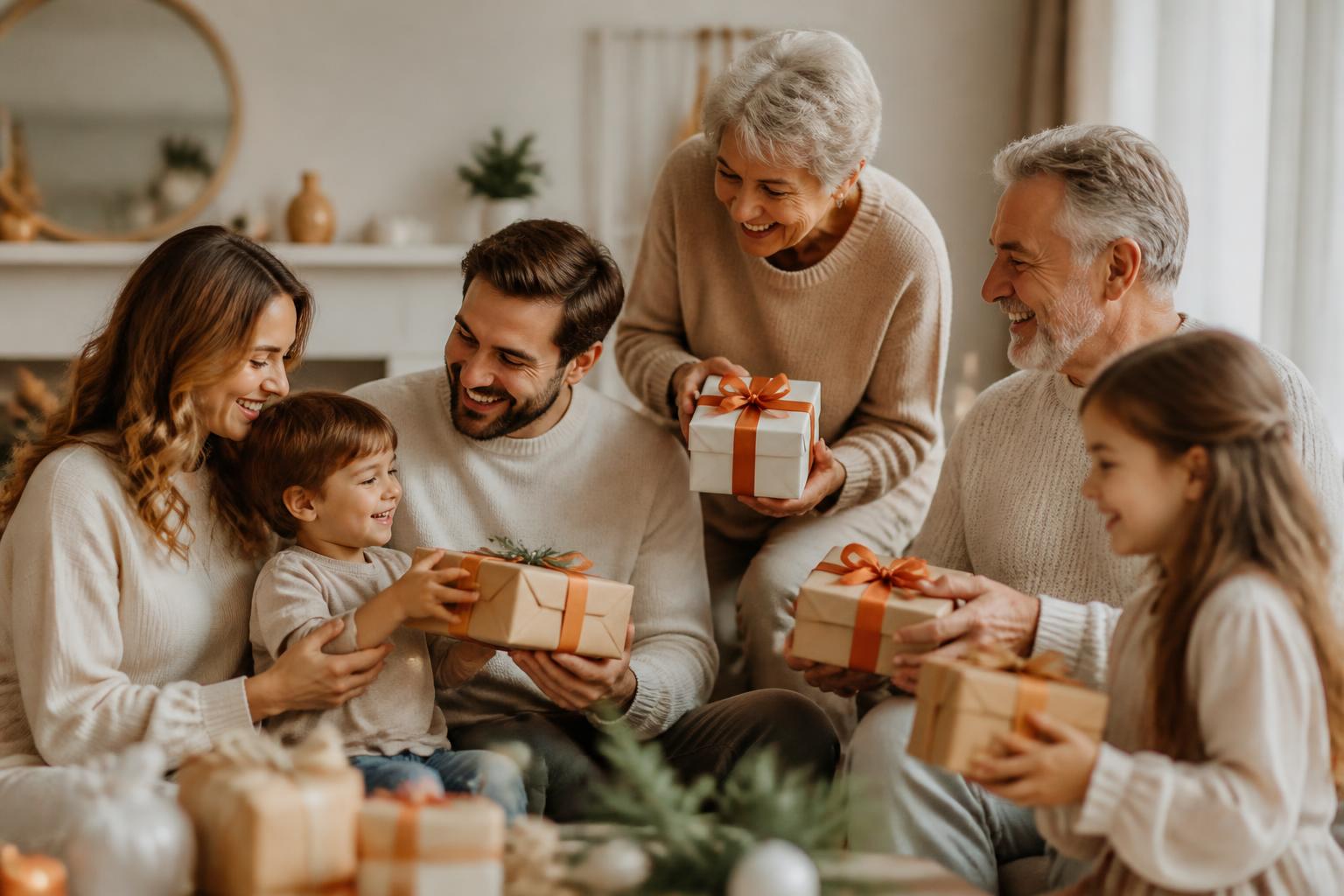 Family exchanging wrapped gifts